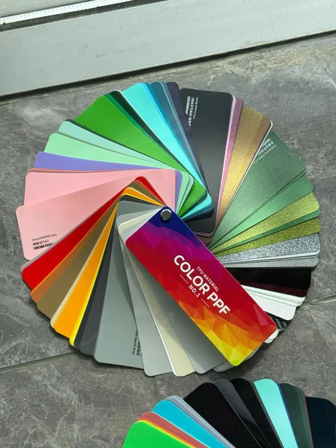 Vinyl color samples for vehicle customization.